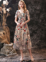 Evening Dress A-Line Jewel Neck Lace Tea-Length Social Pageant Dresses