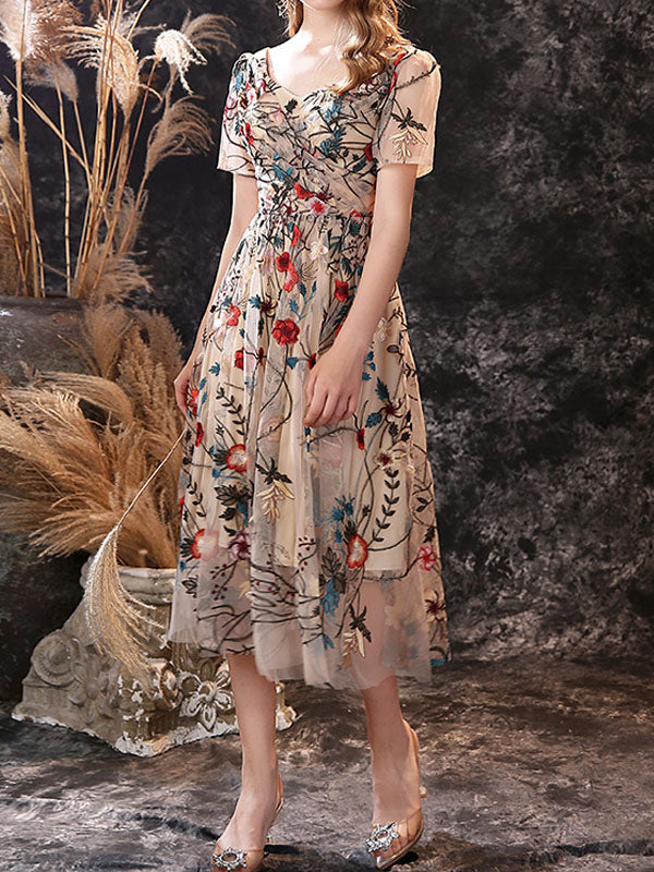 Evening Dress A-Line Jewel Neck Lace Tea-Length Social Pageant Dresses