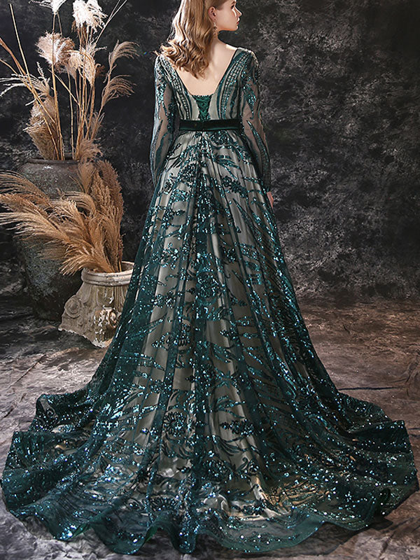 Gorgeous Evening Dress A-Line Jewel Neck With Train Long Sleeves Zipper Lace Lace Formal Party Dresses Gorgeous Evening Dress A-Line Jewel Neck With Train Long Sleeves Zipper Lace Lace Formal Party Dresses