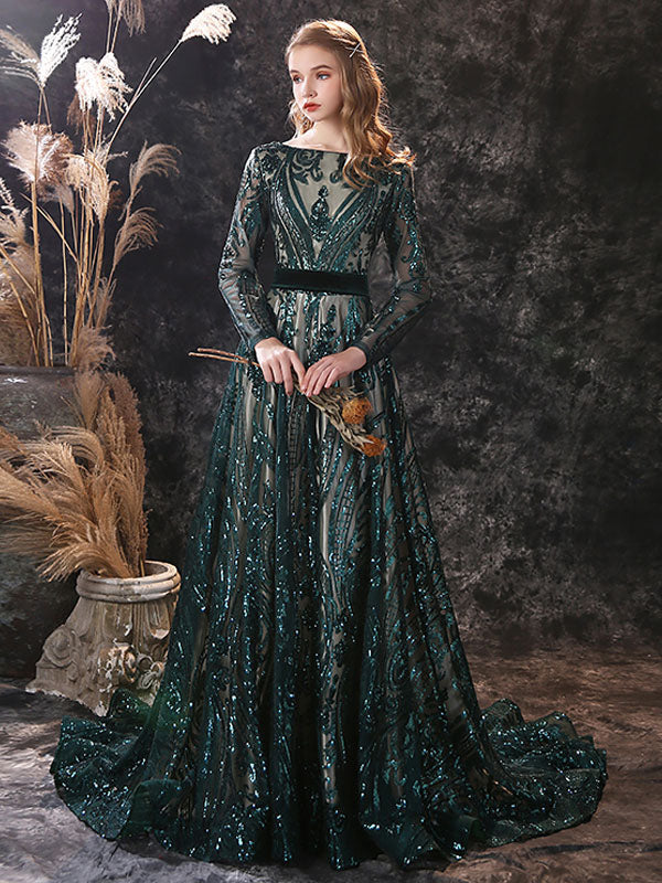 Gorgeous Evening Dress A-Line Jewel Neck with Train Long Sleeves Zipper Lace Lace Formal Party Dresses