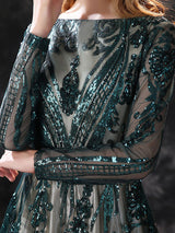 Gorgeous Evening Dress A-Line Jewel Neck With Train Long Sleeves Zipper Lace Lace Formal Party Dresses-Ballbella