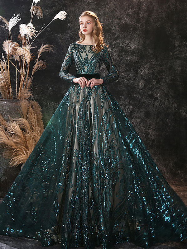 Evening Dress A-Line Jewel Neck With Train Long Sleeves Zipper Lace Lace Formal Party Dresses, fast delivery worldwide.
