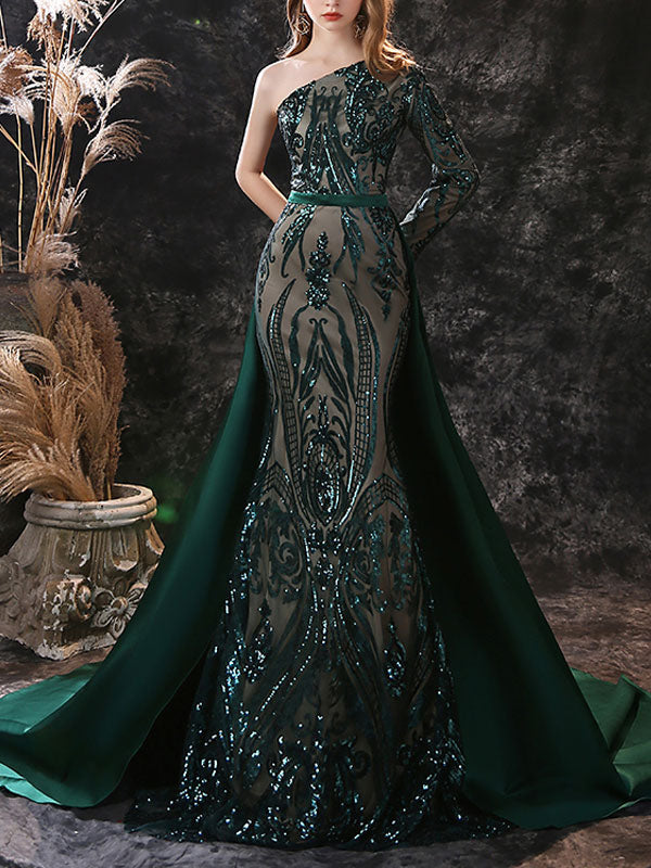 Gorgeous Evening Dress Mermaid One-Shoulder With Train Long Sleeves Zipper Lace Lace Formal Dinner Dresses-Ballbella