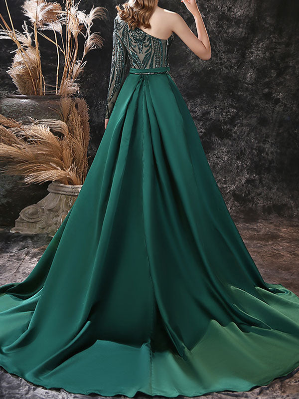 Gorgeous Evening Dress Mermaid One-Shoulder With Train Long Sleeves Zipper Lace Lace Formal Dinner Dresses-Ballbella