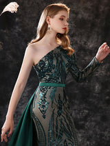 Gorgeous Evening Dress Mermaid One-Shoulder With Train Long Sleeves Zipper Lace Lace Formal Dinner Dresses-Ballbella