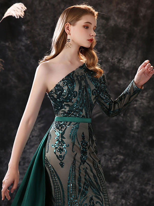 Gorgeous Evening Dress Mermaid One-Shoulder With Train Long Sleeves Zipper Lace Lace Formal Dinner Dresses-Ballbella