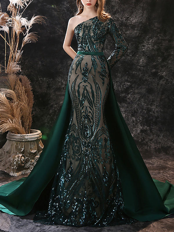 Evening Dress Mermaid One-Shoulder With Train Long Sleeves Zipper Lace Lace Formal Dinner Dresses