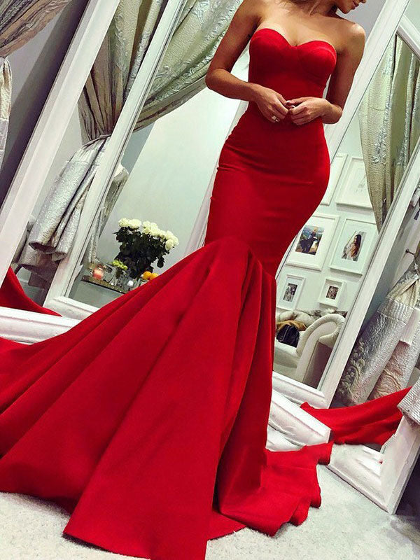 Evening Dress Mermaid Sweetheart Neck Sleeveless Zipper Satin Fabric Formal Dinner Dresses With Train, fast delivery worldwide.