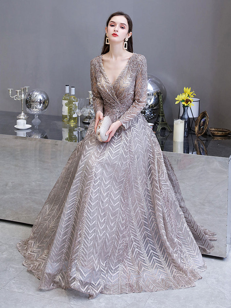 Gorgeous Evening Dress Princess Silhouette V Neck Long Sleeve Lace