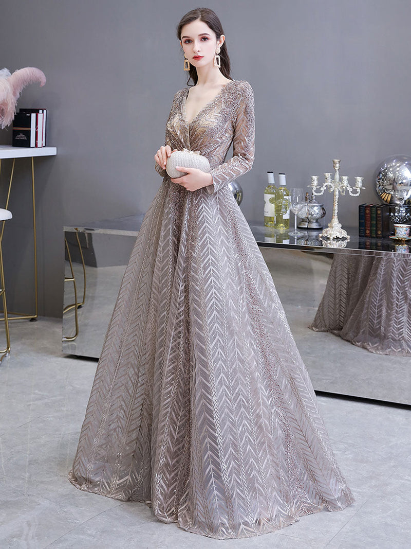 Evening Dress Princess Silhouette V Neck Long Sleeve Lace Sequins Floor Length Social Party Dresses