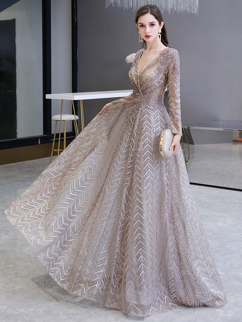 Evening Dress Princess Silhouette V Neck Long Sleeve Lace Sequins Floor Length Social Party Dresses