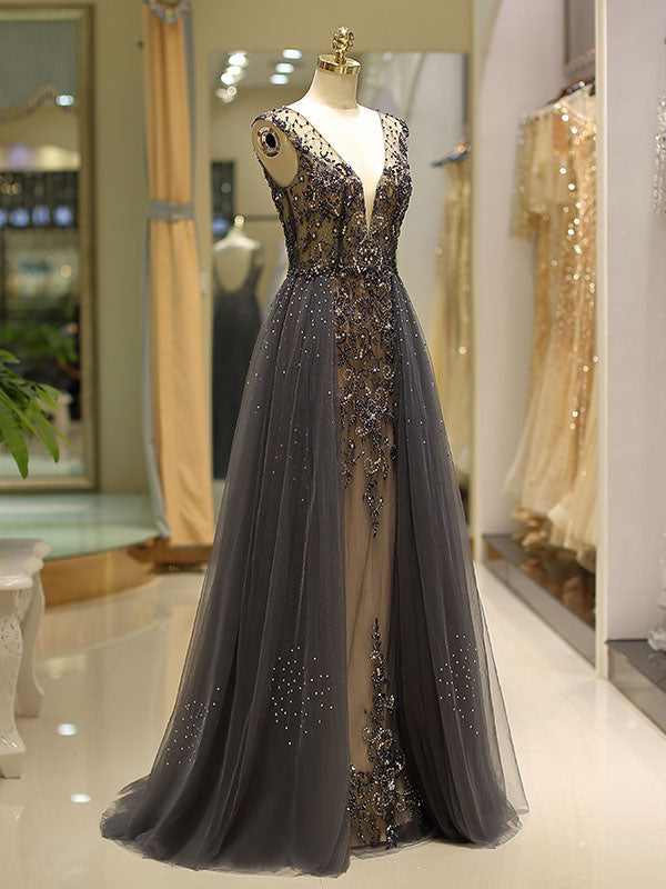 Evening Dresses Grey Luxury Heavy Beaded Tulle Backless V Neck Formal Evening Dress With Train