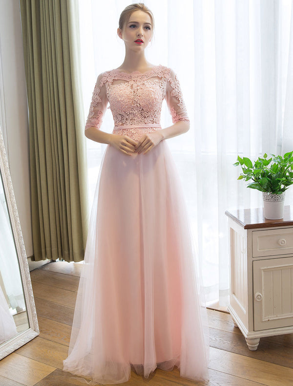 Evening Dresses Long Soft Pink Half Sleeve Lace Tulle Formal Evening Lace Applique Maxi Party Dress