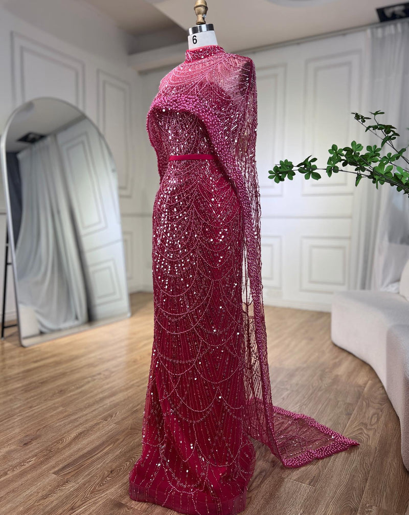 Gorgeous Fuchsia Mermaid Prom Dress Beadings Pearls With Cape-Ballbella