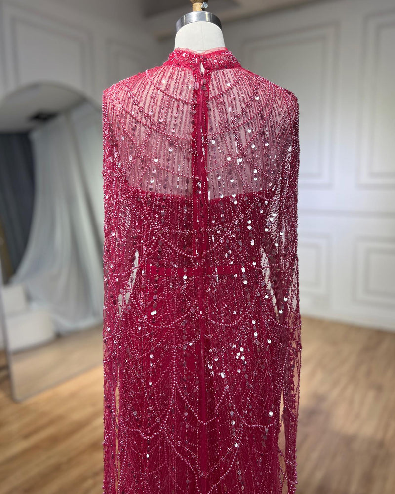 Gorgeous Fuchsia Mermaid Prom Dress Beadings Pearls With Cape-Ballbella