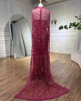 Gorgeous Fuchsia Mermaid Prom Dress Beadings Pearls With Cape-Ballbella