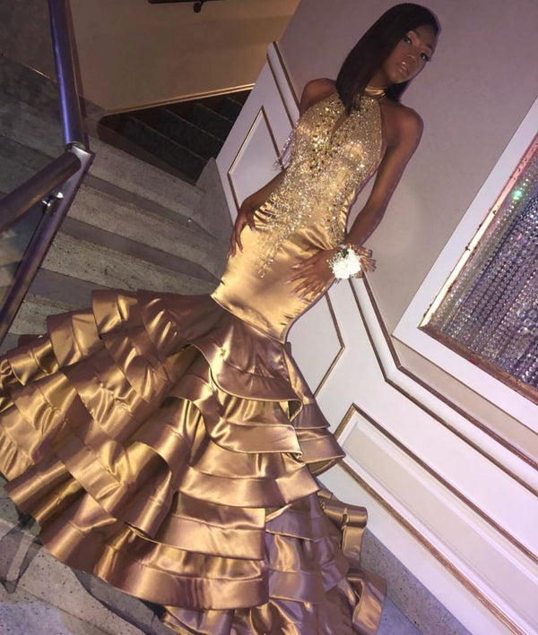 Want to check the trendy Crystal Prom Dresses online? Ballbella offer you Gorgeous Gold Mermaid High Neck Sleeveless Ruffles Crystal Prom Dresses available in 30 colors and 2-26w sizes,  and also free custom make service.