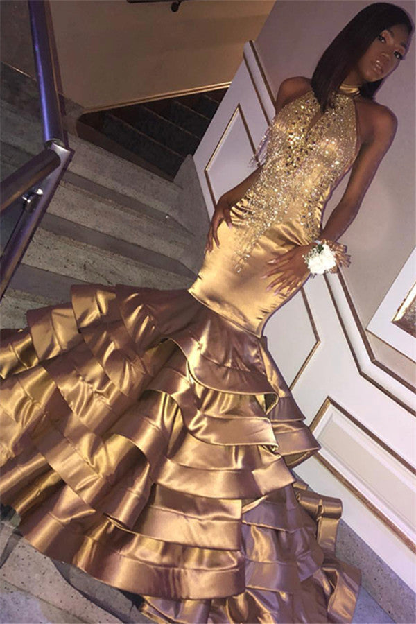 Want to check the trendy Crystal Prom Dresses online? Ballbella offer you Gorgeous Gold Mermaid High Neck Sleeveless Ruffles Crystal Prom Dresses available in 30 colors and 2-26w sizes,  and also free custom make service.