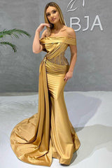 Gorgeous Gold Off-the-Shoulder Mermaid Prom Dress Appliques With Ruffles-Ballbella