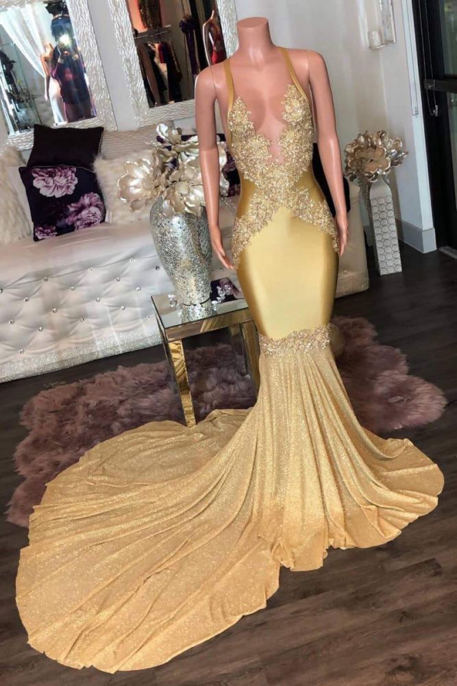 Looking for Prom Dresses, Evening Dresses, Real Model Series in Stretch Satin,  Mermaid style,  and Gorgeous work? Ballbella has all covered on this elegant Gorgeous Golden Appliques Spaghetti Long Mermaid Evening Dresses.