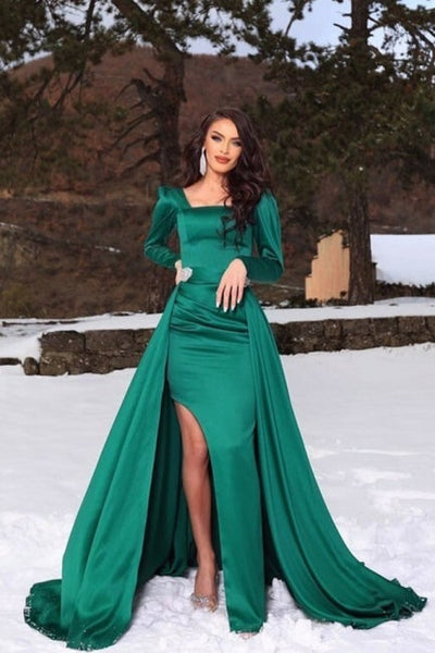 Gorgeous Green Square Long-Sleeve A-Line Satin Evening Dresses With Ruffles Gorgeous Green Square Long-Sleeve A-Line Satin Evening Dresses With Ruffles