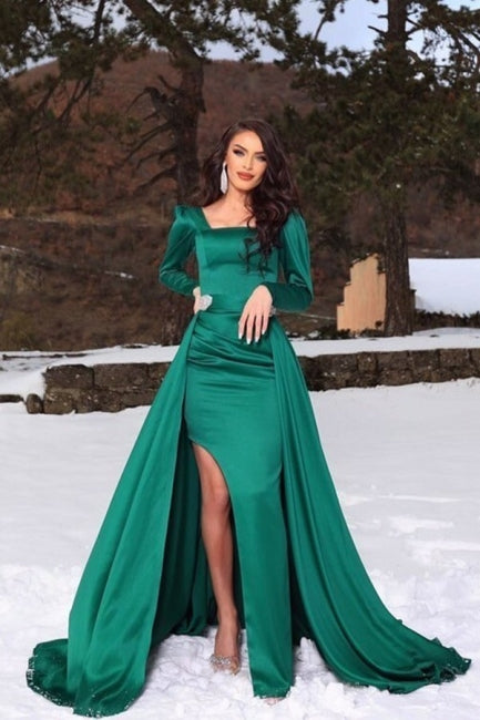 Gorgeous Green Square Long-Sleeve A-Line Satin Evening Dresses With Ruffles-Ballbella