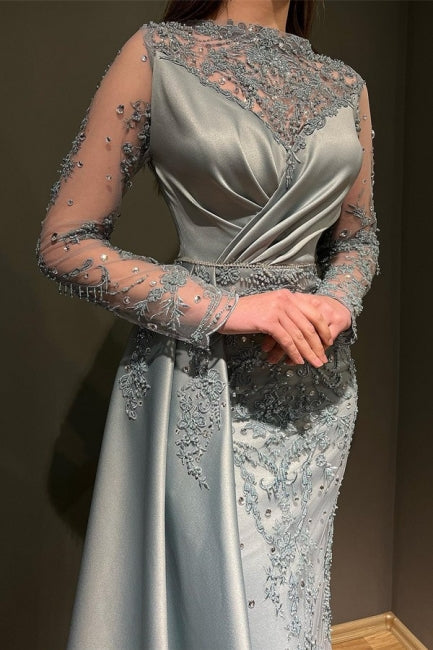 Gorgeous Grey Long Sleeves Jewel Mermaid Stretch Satin Evening Prom Dresses with Appliques-Ballbella