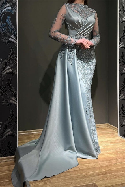 Gorgeous Grey Long Sleeves Jewel Mermaid Stretch Satin Evening Prom Dresses with Appliques-Ballbella