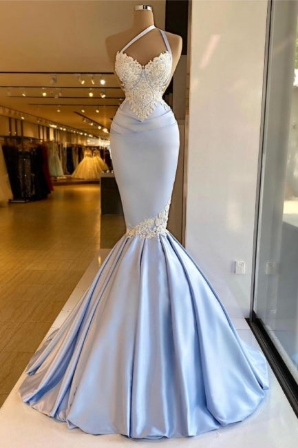 Gorgeous Halter Mermaid Prom Dress Long With Lace Appliques-Ballbella
