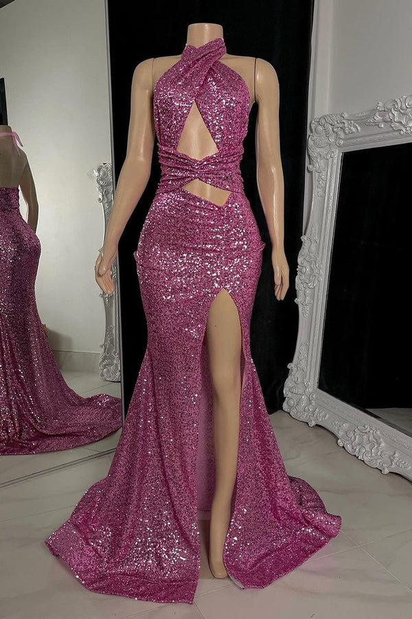 Gorgeous Halter Pink Prom Dress Sequins Sleeveless Long With Split-Ballbella