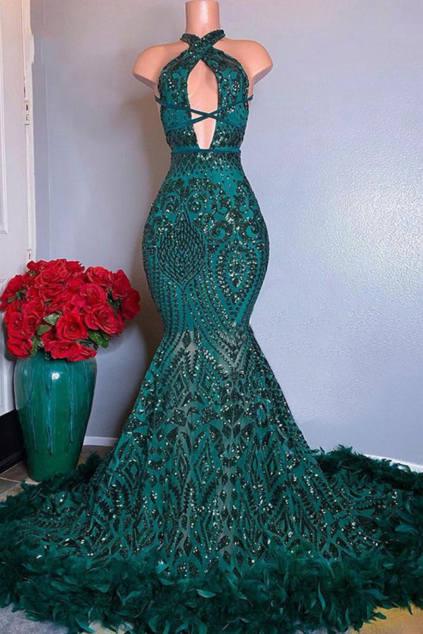 Gorgeous Halter Sleeveless Mermaid Prom Dresses Sequins Long With Feather Bottom-Ballbella