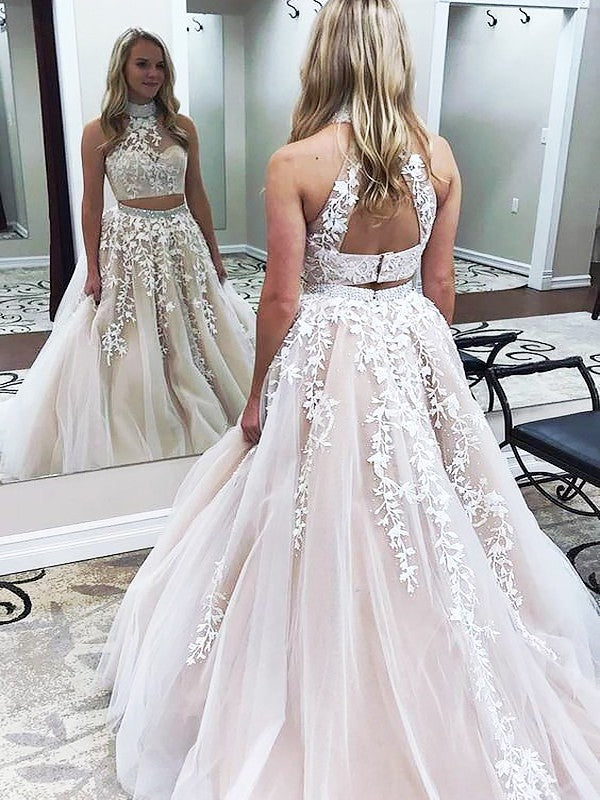 Still not know where to get your event dresses online? Ballbella offer you Gorgeous Halter Two Piece Applique Prom Dresses Elegant Lace Up Crystal Evening Dresses with Beads at factory price,  fast delivery worldwide.