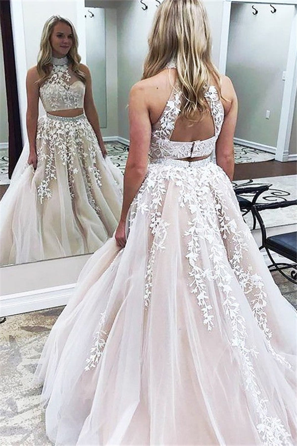 Still not know where to get your event dresses online? Ballbella offer you Gorgeous Halter Two Piece Applique Prom Dresses Elegant Lace Up Crystal Evening Dresses with Beads at factory price,  fast delivery worldwide.
