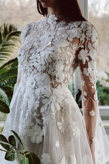 Gorgeous High Collar Long Sleeves A-Line Lace Wedding Dresses with Chapel Train-Ballbella