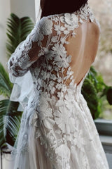 Gorgeous High Collar Long Sleeves A-Line Lace Wedding Dresses with Chapel Train-Ballbella
