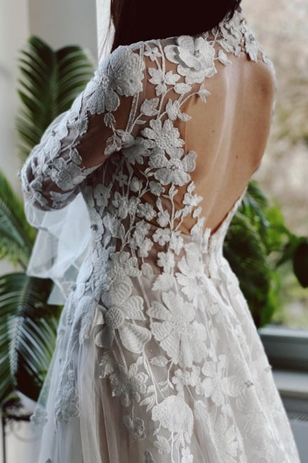 Gorgeous High Collar Long Sleeves A-Line Lace Wedding Dresses with Chapel Train-Ballbella