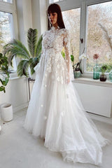 Gorgeous High Collar Long Sleeves A-Line Lace Wedding Dresses with Chapel Train-Ballbella