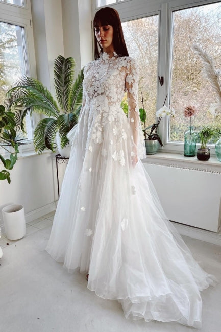 Gorgeous High Collar Long Sleeves A-Line Lace Wedding Dresses with Chapel Train-Ballbella