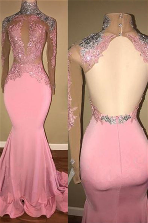 Gorgeous High-Neck Backless Pink Prom Party GownsMermaid With Lace Appliques-Ballbella