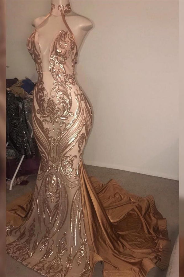 Ballbella offers Gorgeous High neck Golden Mermaid Long Prom Party GownsReal Model Series at a cheap price from Stretch Satin to Mermaid Floor-length hem. Gorgeous yet affordable Sleeveless Prom Dresses, Evening Dresses.