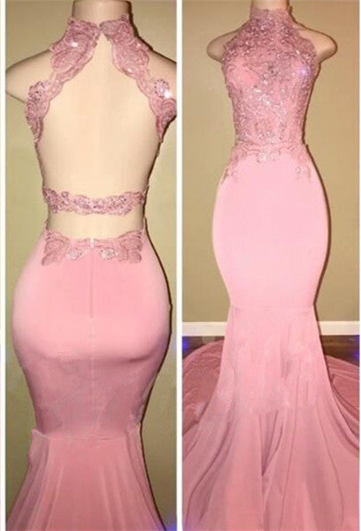 Cheap pink lace prom dresses at Ballbella. All Gorgeous High Neck Pink Lace Prom Party GownsMermaid Long are professionally made,  just come and pick the perfect ones for your prom.