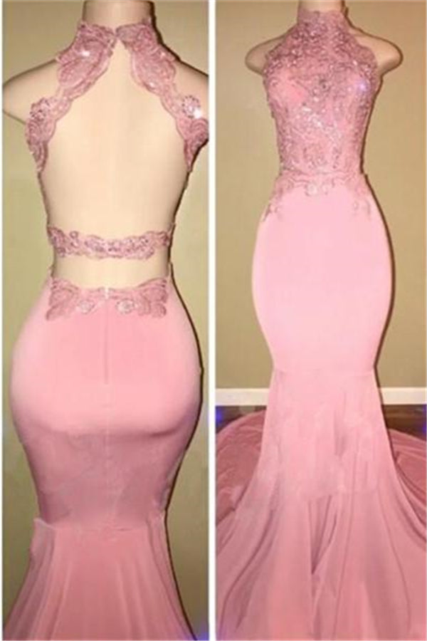 Gorgeous High Neck Pink Lace Prom Party GownsMermaid Long-Ballbella