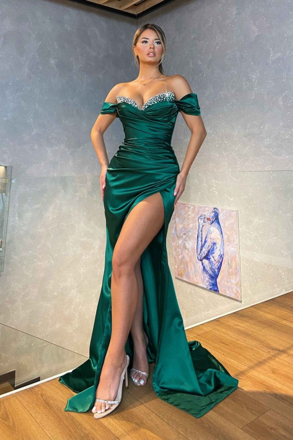 Gorgeous High-split Off-the-shoulder Dark Green Sparkle beaded Mermaid Prom Dress-Ballbella