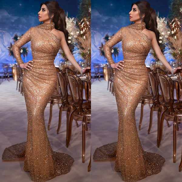 Still not know where to get your event dresses online? Ballbella offer you Gorgeous Hign-Neck One-Shoulder Sequins Mermaid Evening Gown at factory price,  fast delivery worldwide.
