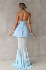 Gorgeous Ice Blue Strapless Satin Prom Dresses Sleeveless Long Lace-Up Back With Pleats-Ballbella