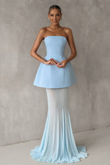 Gorgeous Ice Blue Strapless Satin Prom Dresses Sleeveless Long Lace-Up Back With Pleats-Ballbella