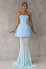 Gorgeous Ice Blue Strapless Satin Prom Dresses Sleeveless Long Lace-Up Back With Pleats-Ballbella