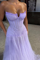 Gorgeous Lilac Strapless Sleeveless Tulle Prom Dress A-Line Beads With Pleats-Ballbella