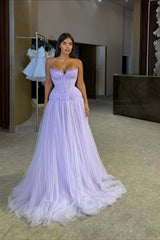 Gorgeous Lilac Strapless Sleeveless Tulle Prom Dress A-Line Beads With Pleats-Ballbella