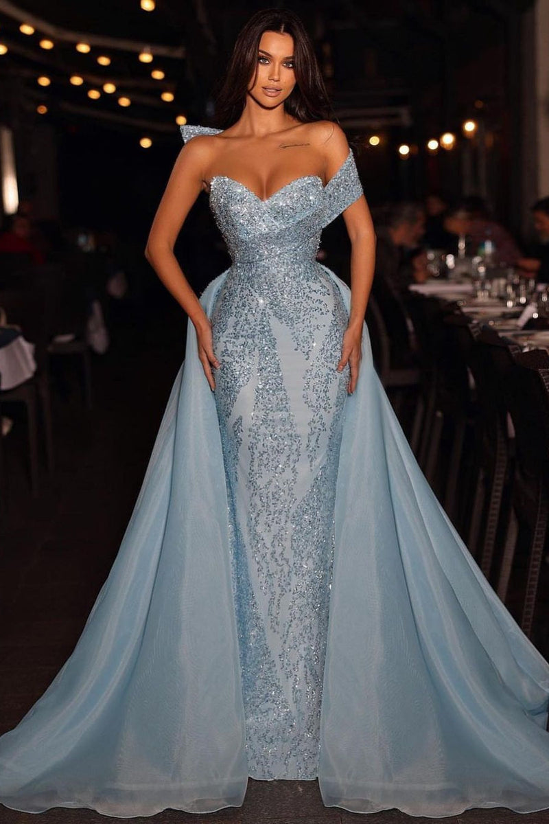 Gorgeous Long Blue A-Line Off-The-Shoulder Sleeveless Sequined Prom Dress with Detachable Train Gorgeous Long Blue A-Line Off-The-Shoulder Sleeveless Sequined Prom Dress with Detachable Train